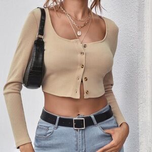SHEIN Beige Ribbed Long-Sleeve Cropped Button Top